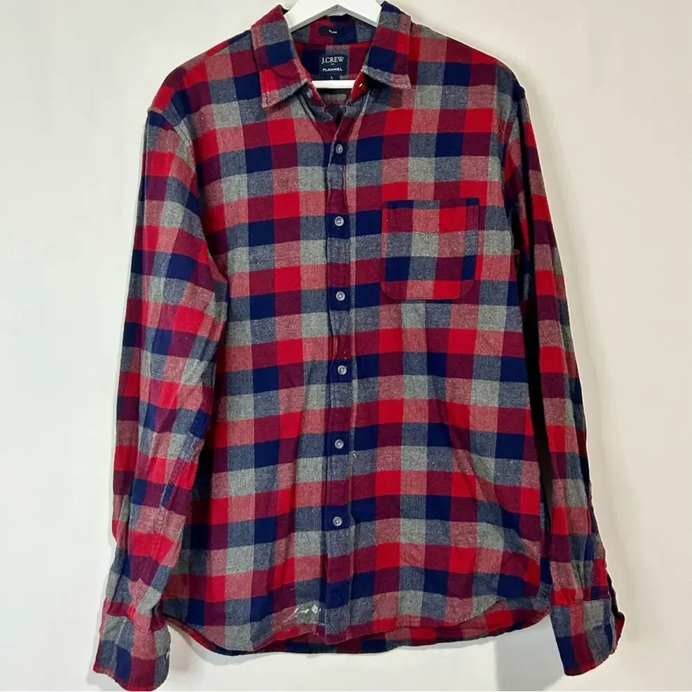J. Crew Men’s Long Sleeve Plaid Flannel Button Down Shirt Red Blue Large FLAW